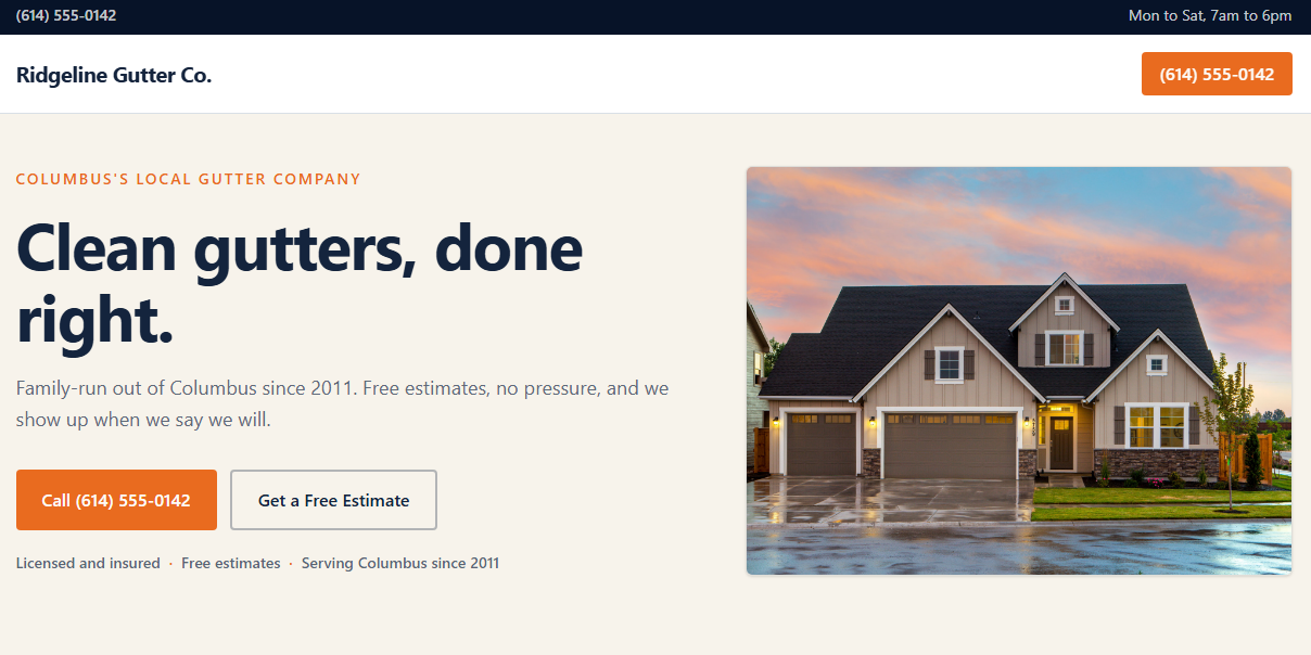 Sample website I built for Ridgeline Gutter Co. in Columbus